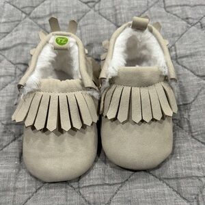 First Steps Soft Beige Baby Moccasins with Fringe